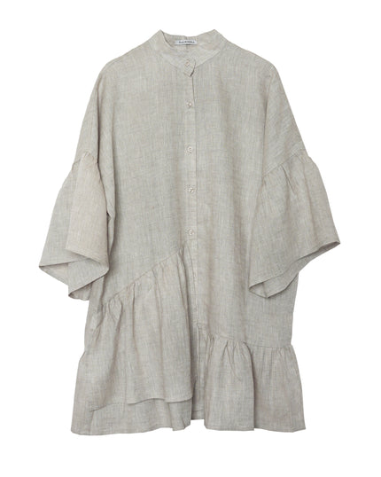 Beige Asymmetric Ruffled Linen Mini Shirt Dress
