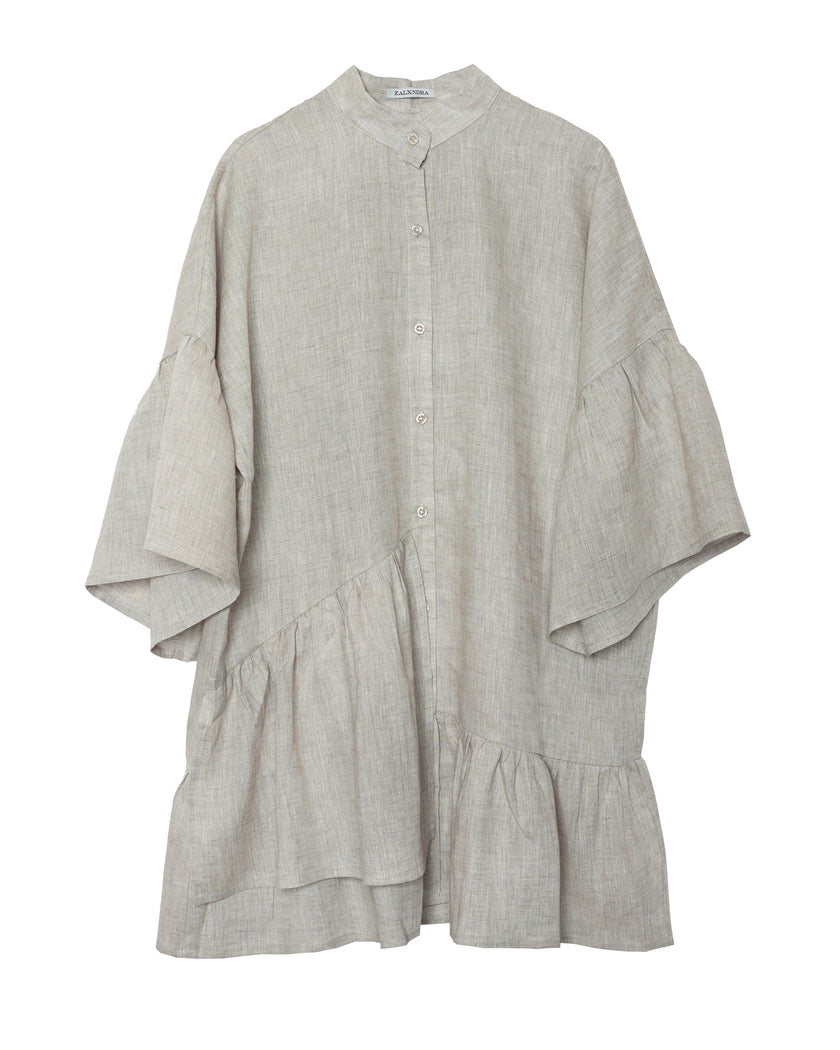 Beige Asymmetric Ruffled Linen Mini Shirt Dress