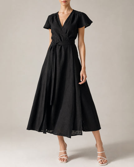 Black Linen Belted V-Neck Maxi Dress