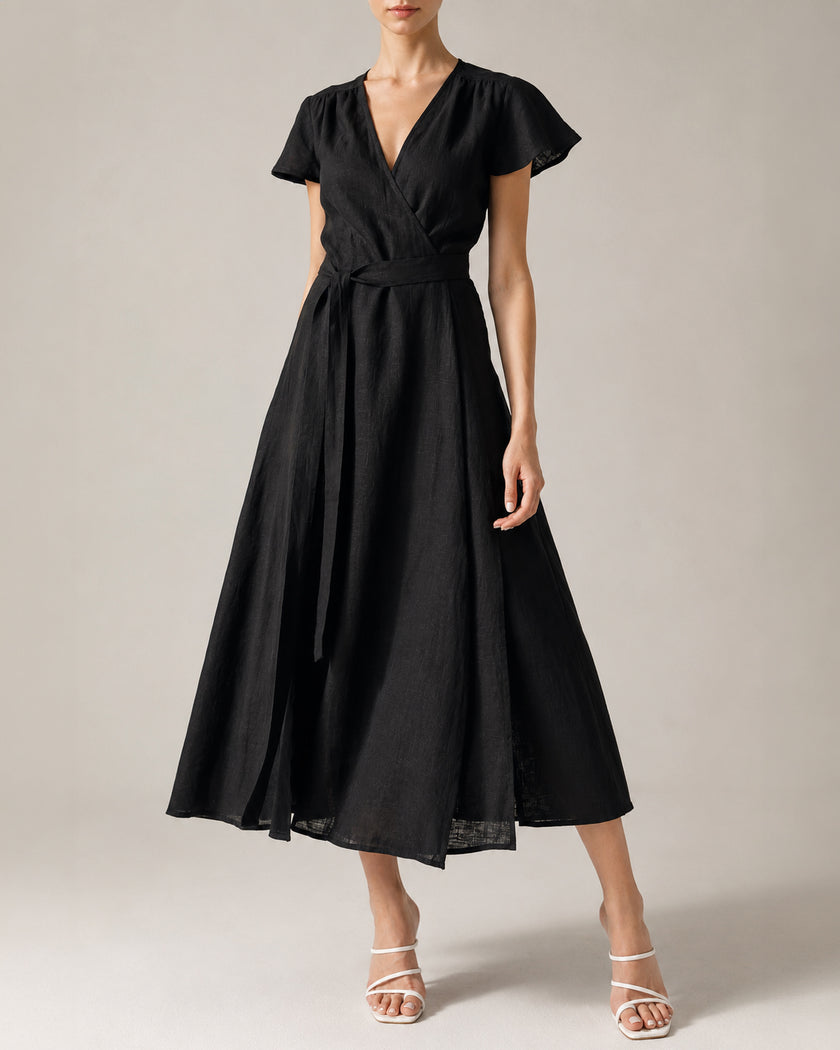 Black Linen Belted V-Neck Maxi Dress