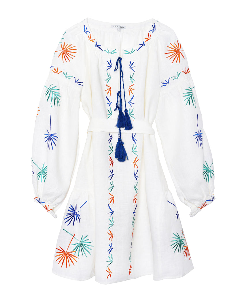 White Embroidered Linen Dress – Balloon Sleeves | ZALXNDRA