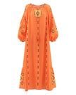 Robe longue en lin brodée orange citrouille – Manches ballon