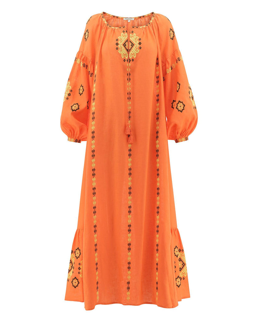 Pumpkin Orange Hand-Embroidered Cross-Stitch Linen Kaftan Maxi Dress