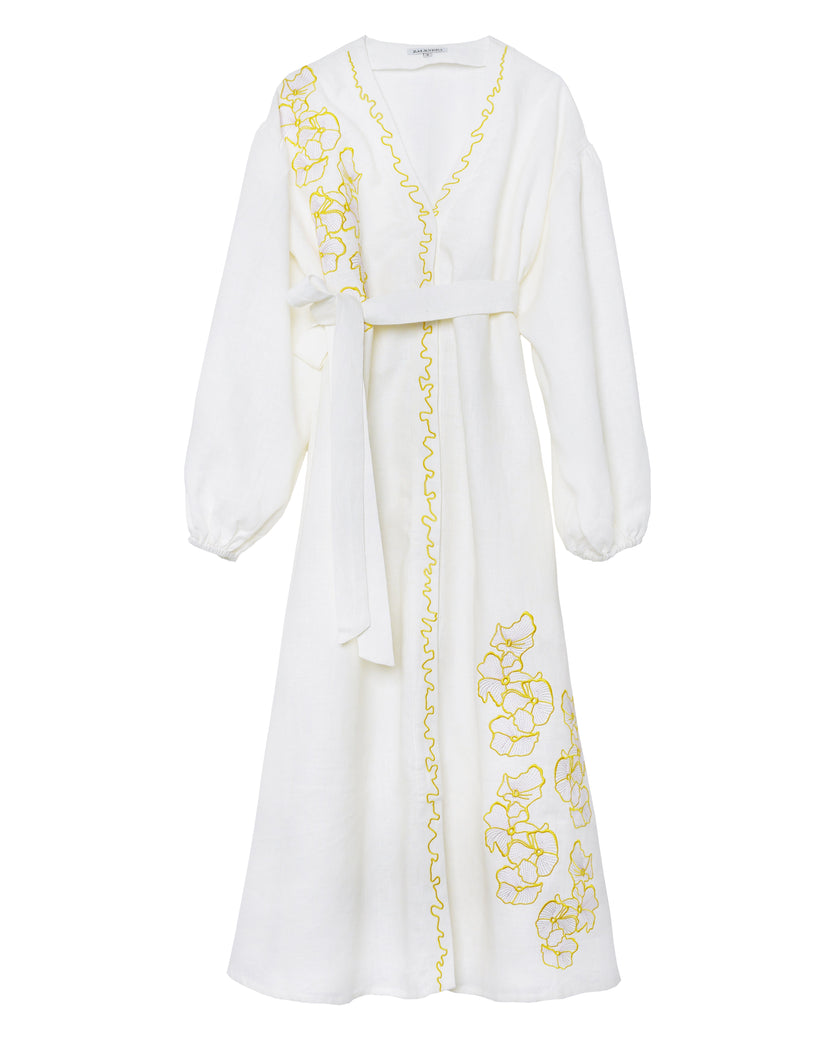 White Yellow Floral Embroidered Linen Kaftan Maxi Dress