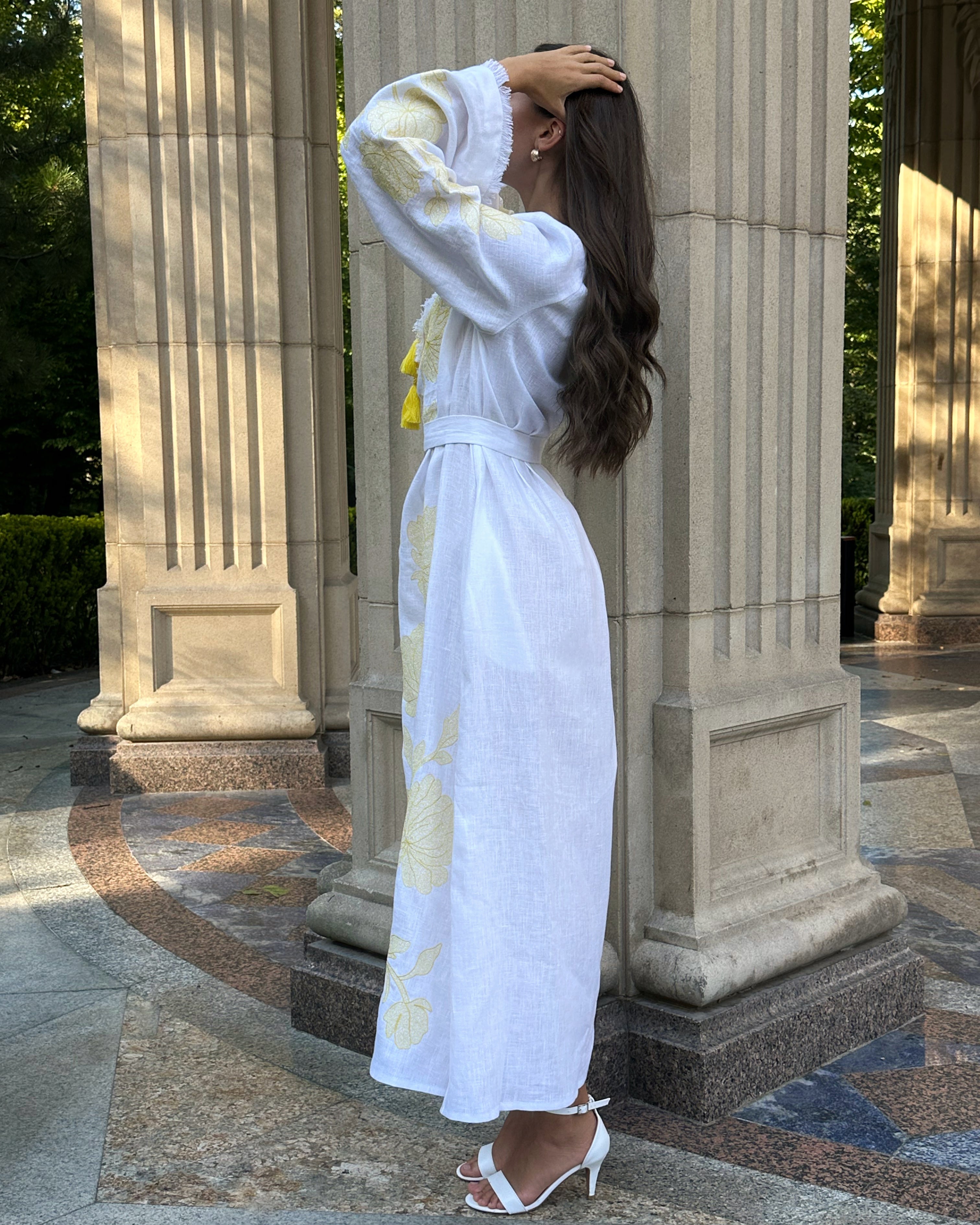 White Embroidered Linen Maxi Dress || ZALXNDRA
