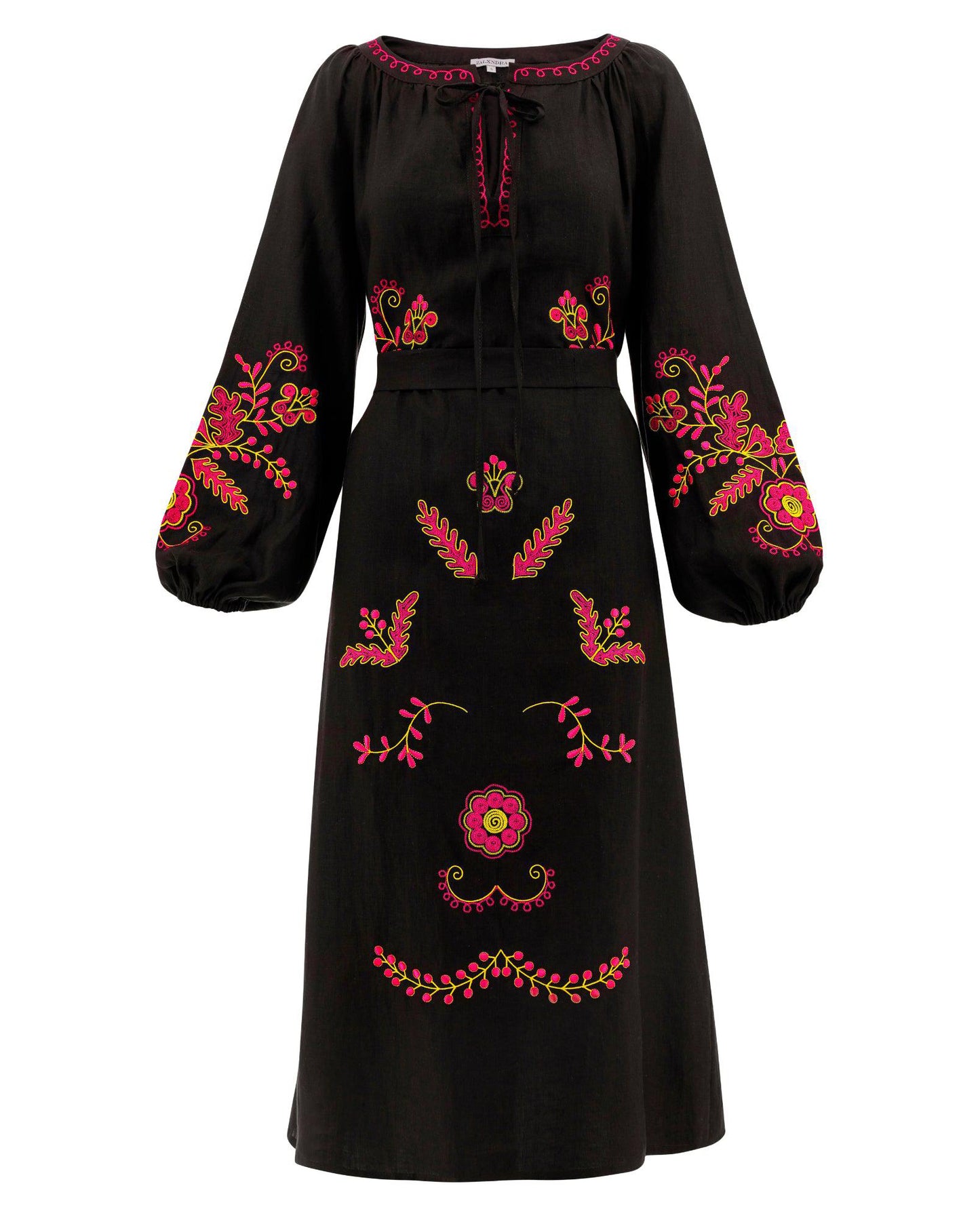 Black Embroidered Linen Maxi Dress – Balloon Sleeves | ZALXNDRA