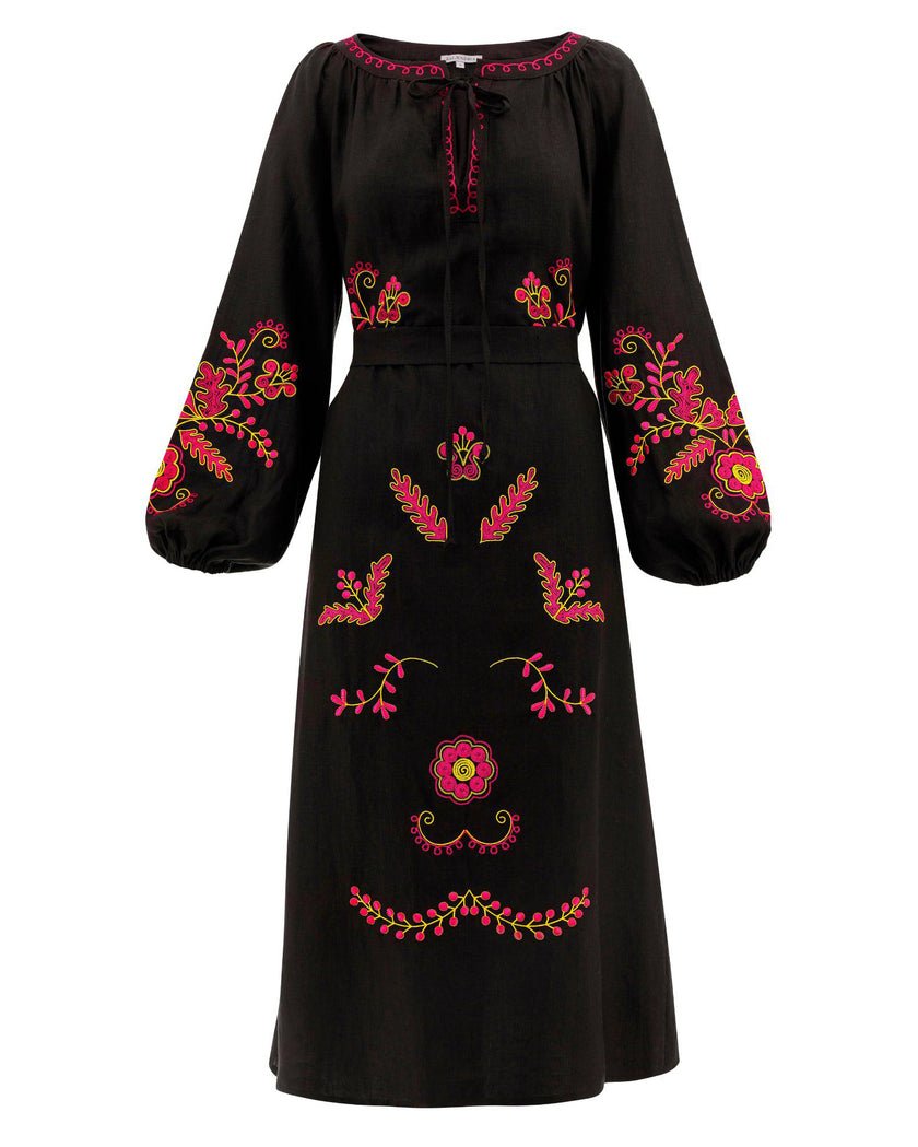 Black Pink Yellow Floral Embroidered Linen Kaftan Maxi Dress
