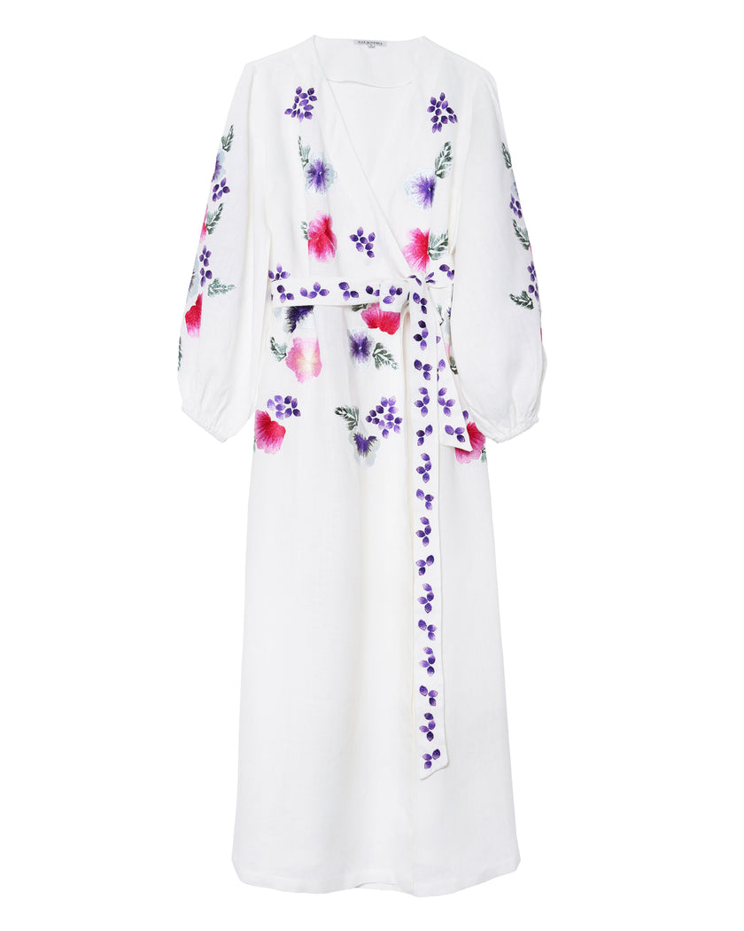 White Multi-Color Floral Embroidered Linen Wrap Kaftan Maxi Dress