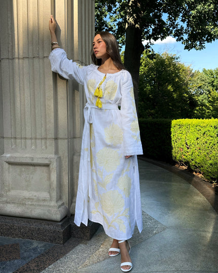 White Embroidered Linen Maxi Dress || ZALXNDRA