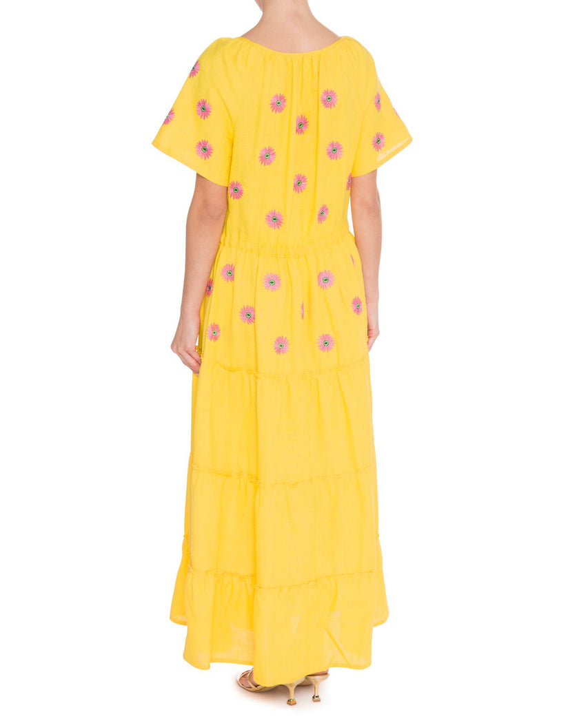 Saffron Yellow and Pink Daisy Embroidered Linen Maxi Dress with Flutter Sleeves