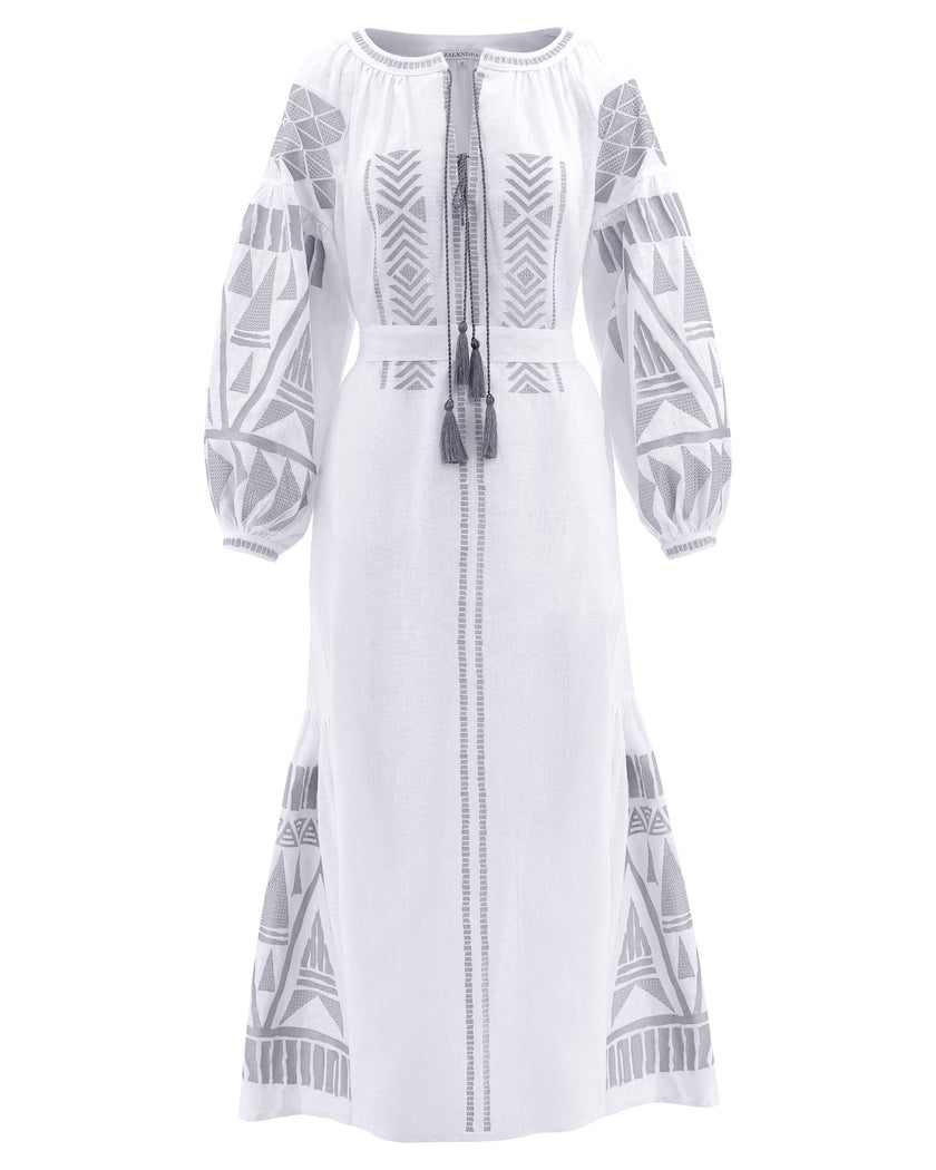 White Grey Geometric Embroidered Linen Kaftan Maxi Dress
