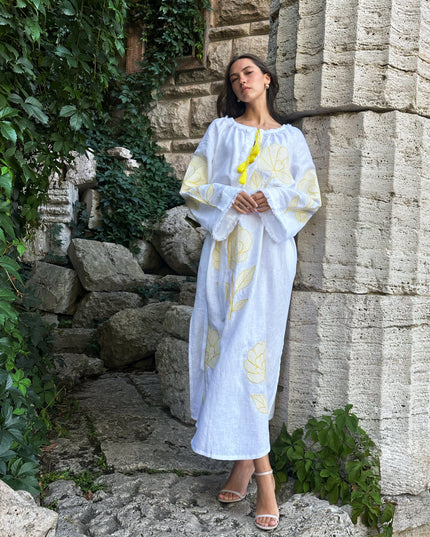 White Embroidered Linen Maxi Dress || ZALXNDRA