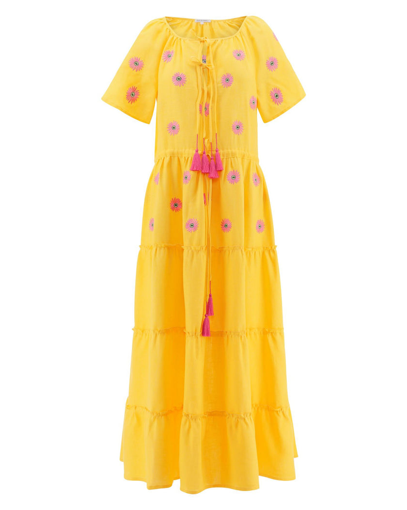 Saffron Yellow and Pink Daisy Embroidered Linen Maxi Dress with Flutter Sleeves