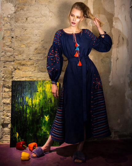 Rhapsody Blue Embroidered Linen Maxi Dress – Balloon Sleeves