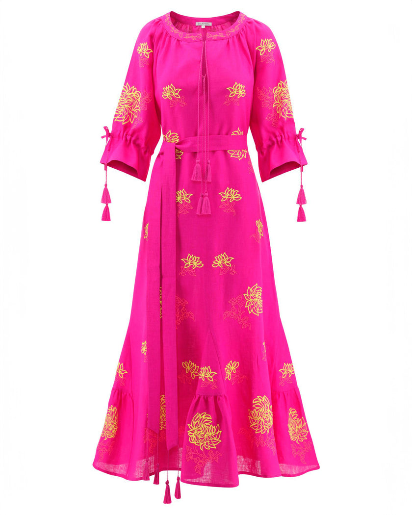 Fuchsia Yellow Floral Embroidered Linen Kaftan Maxi Dress