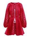 Scarlet Red Embroidered Linen Mini Dress – Balloon Sleeves