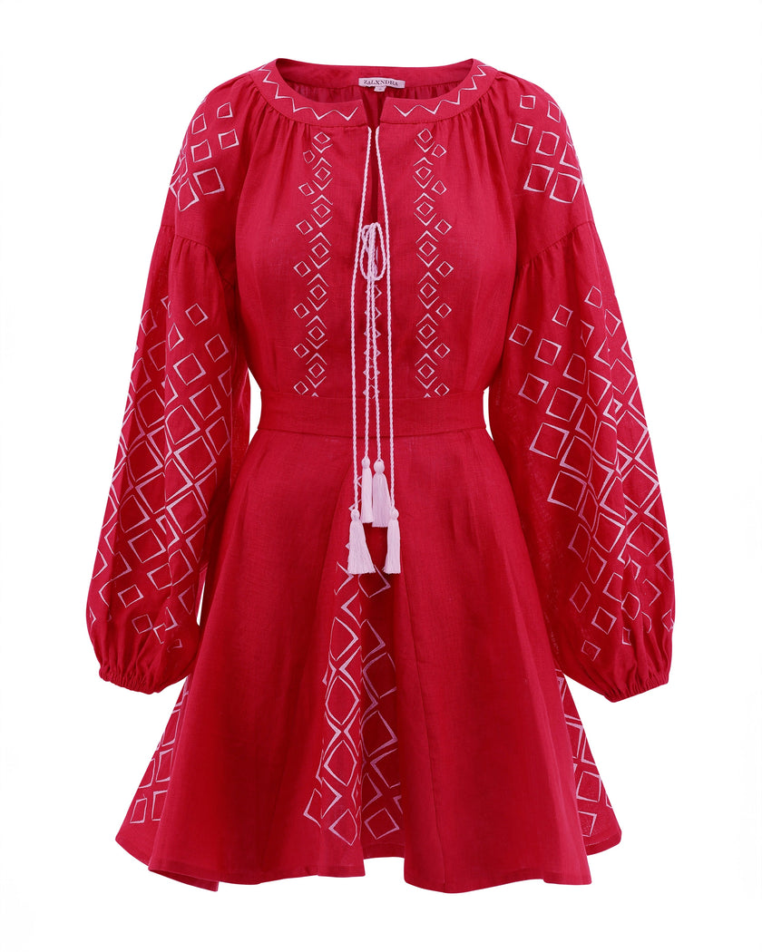 Scarlet Red White Geometric Embroidered Linen Mini Kaftan Dress