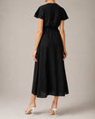 Black Linen Belted V-Neck Maxi Dress