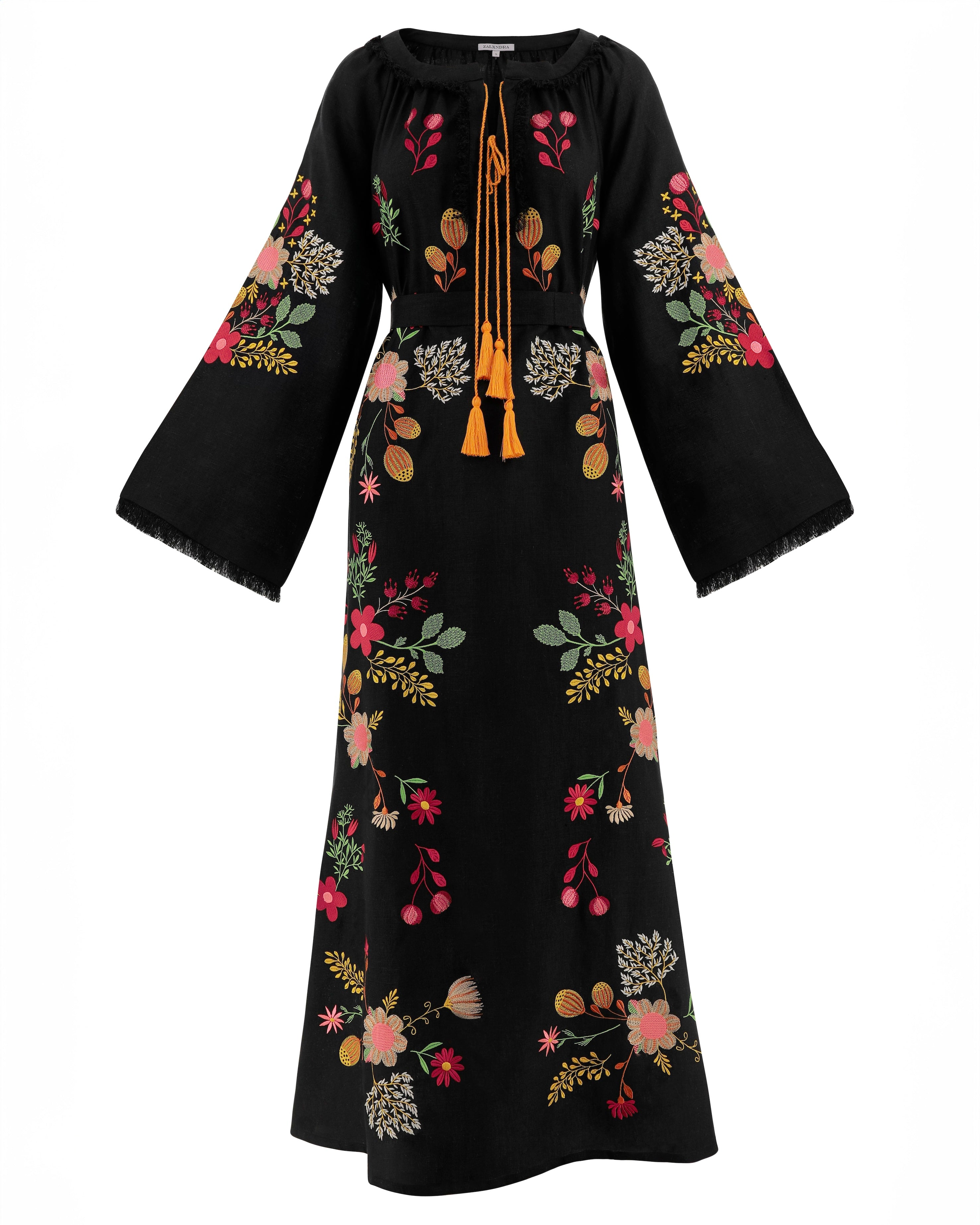 Black Embroidered Linen Maxi Dress || ZALXNDRA