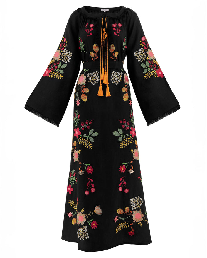 Black Embroidered Linen Maxi Dress || ZALXNDRA