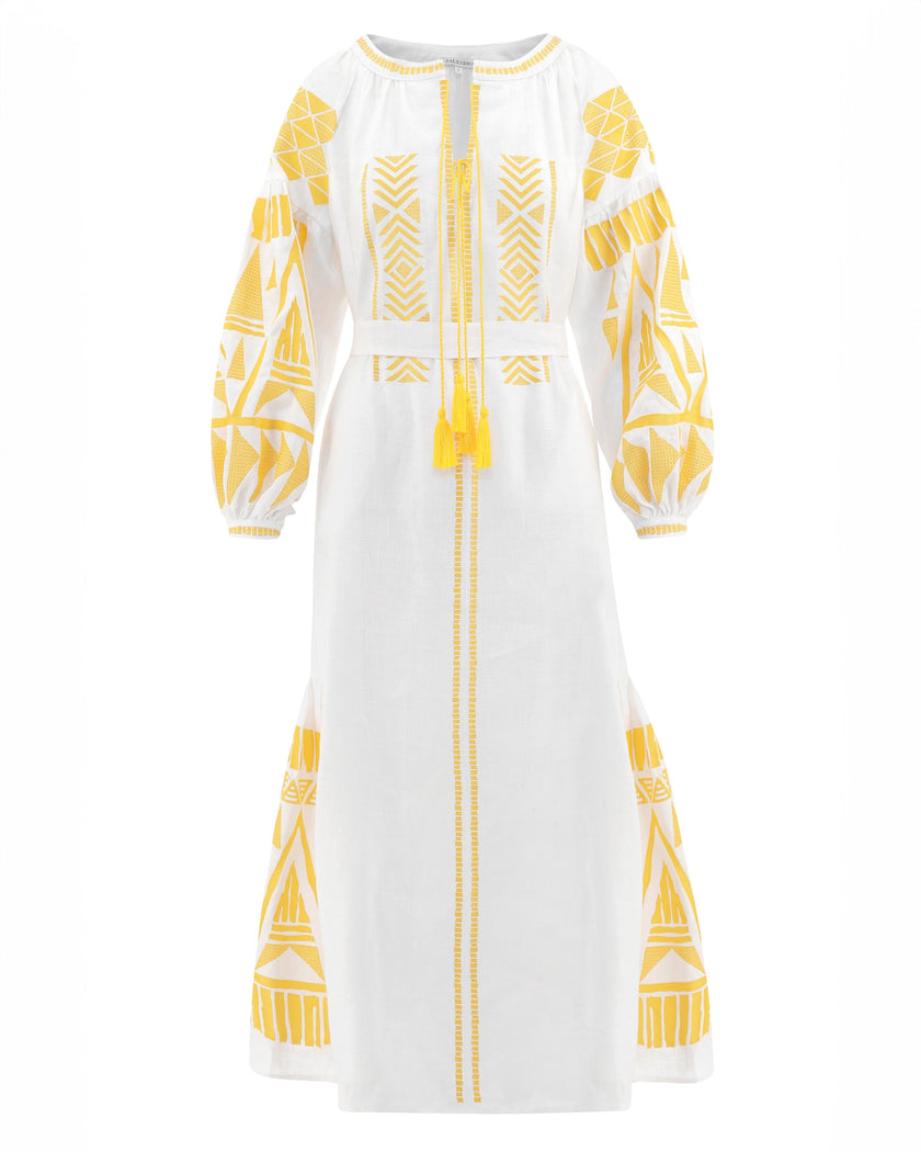 White Embroidered Linen Maxi Dress – Balloon Sleeves | ZALXNDRA