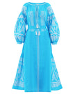 Turquoise Embroidered Linen Maxi Dress – Balloon Sleeves