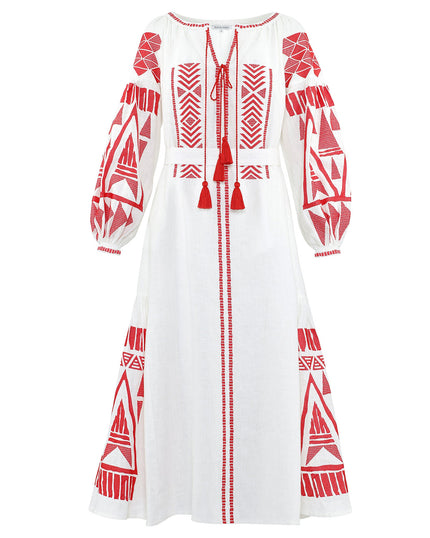 White Embroidered Linen Maxi Dress – Balloon Sleeves | ZALXNDRA