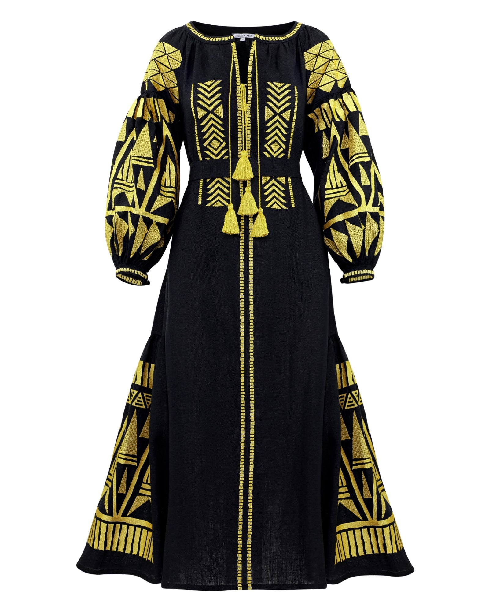 Black Embroidered Linen Maxi Dress – Balloon Sleeves || ZALXNDRA