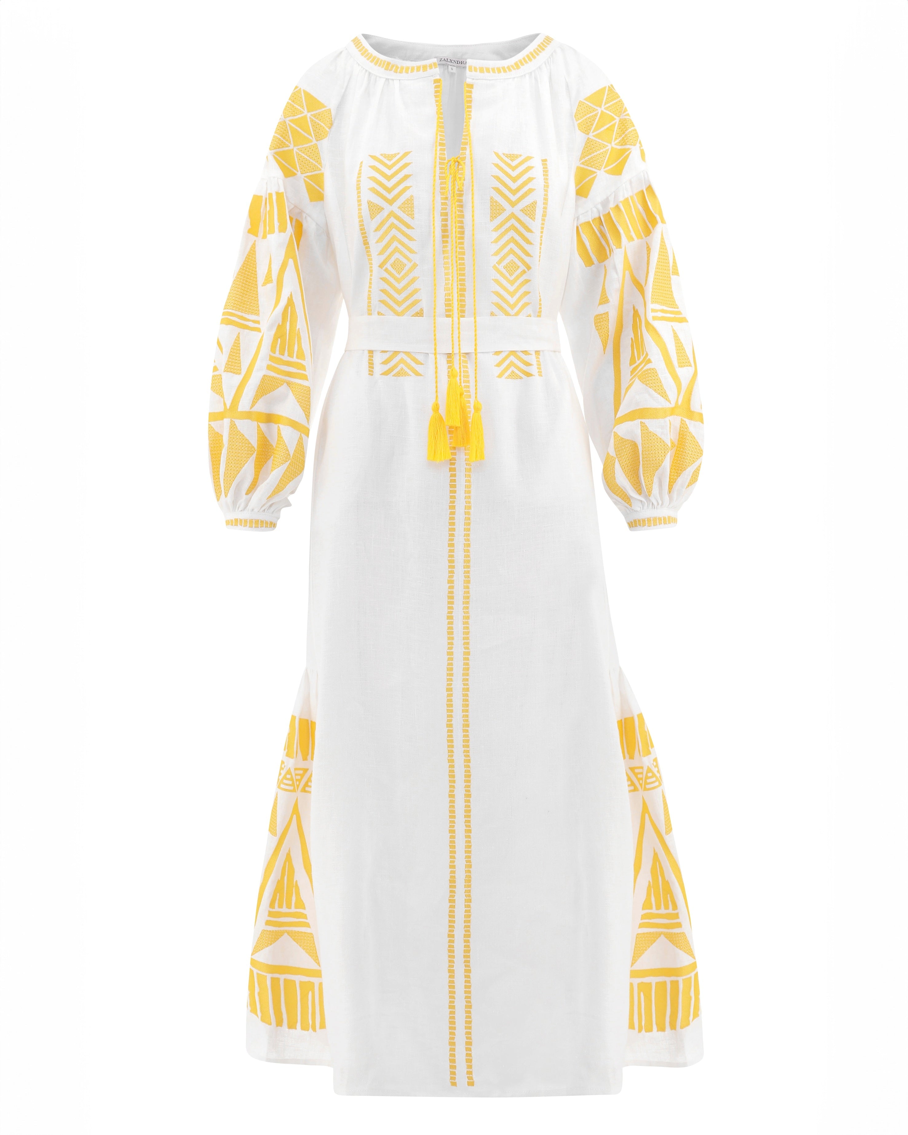 White Embroidered Linen Maxi Dress – Balloon Sleeves || ZALXNDRA