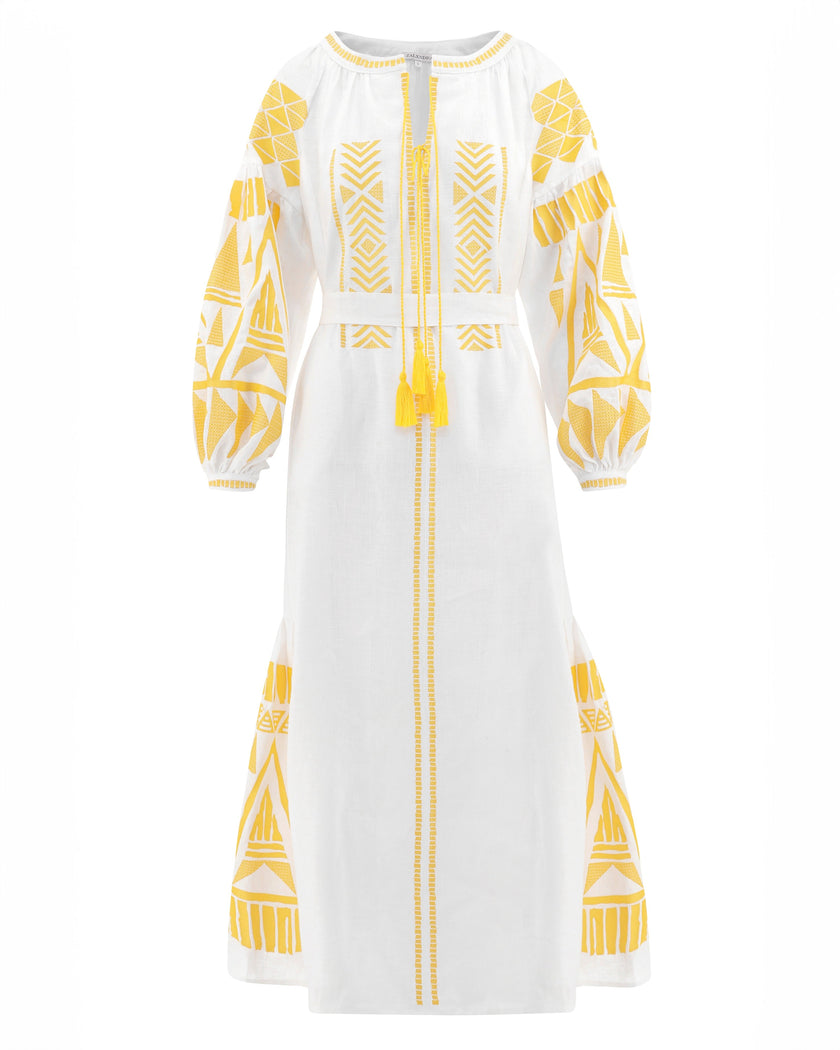 White Yellow Geometric Embroidered Linen Kaftan Maxi Dress