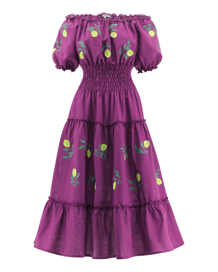 Plum Purple Lemon Embroidered Linen Off-Shoulder Midi Dress
