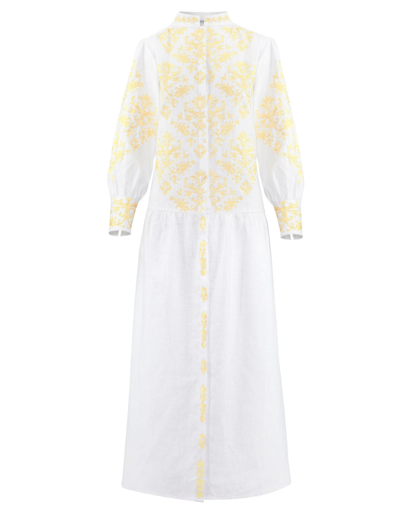 White and Yellow Damask Embroidered Linen Maxi Dress with Stand Collar