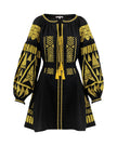 Mini-robe noire en lin brodé – Manches ballon | ZALXNDRA