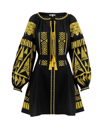 Mini-robe noire brodée en lin – Manches ballon || ZALXNDRA