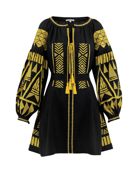 Black Yellow Geometric Embroidered Linen Mini Kaftan Dress