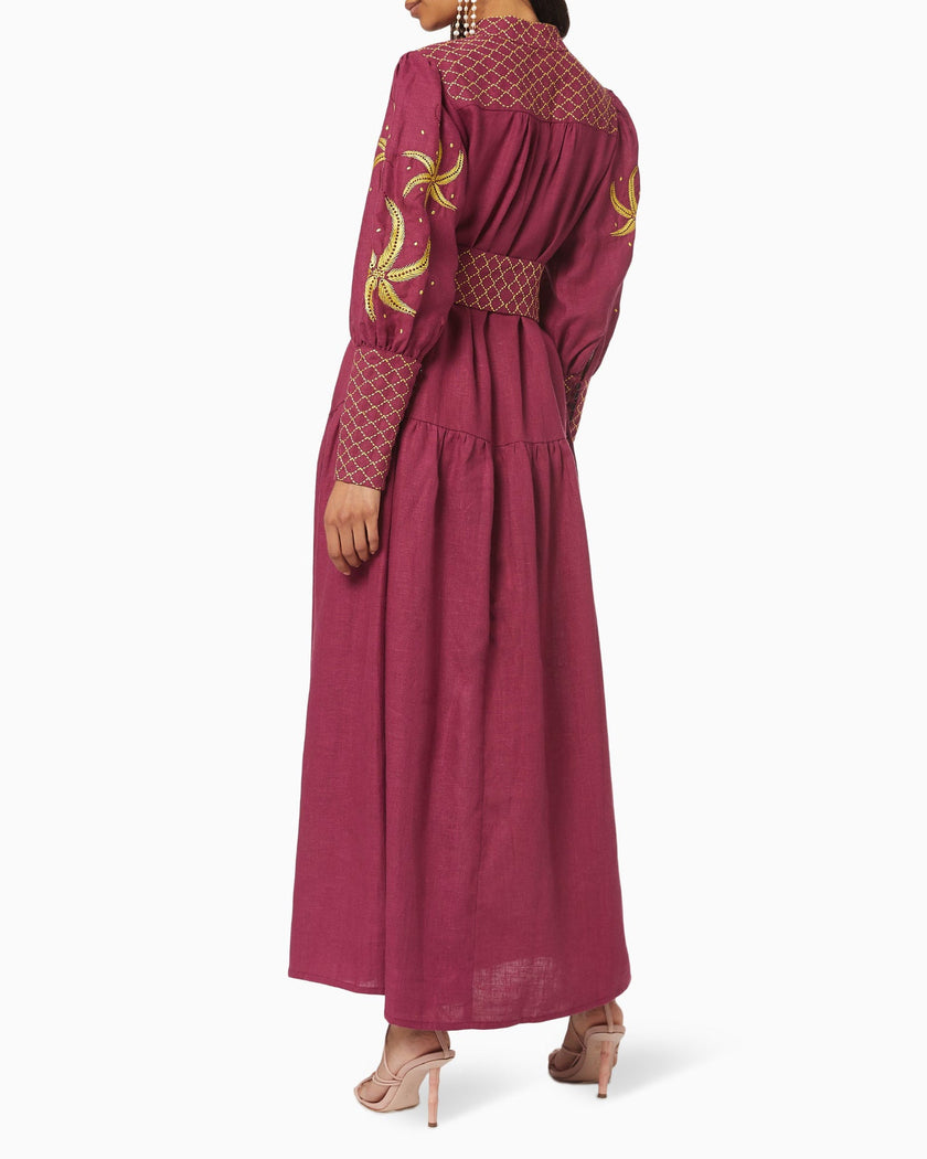 Bordeaux Embroidered Linen Maxi Dress | ZALXNDRA