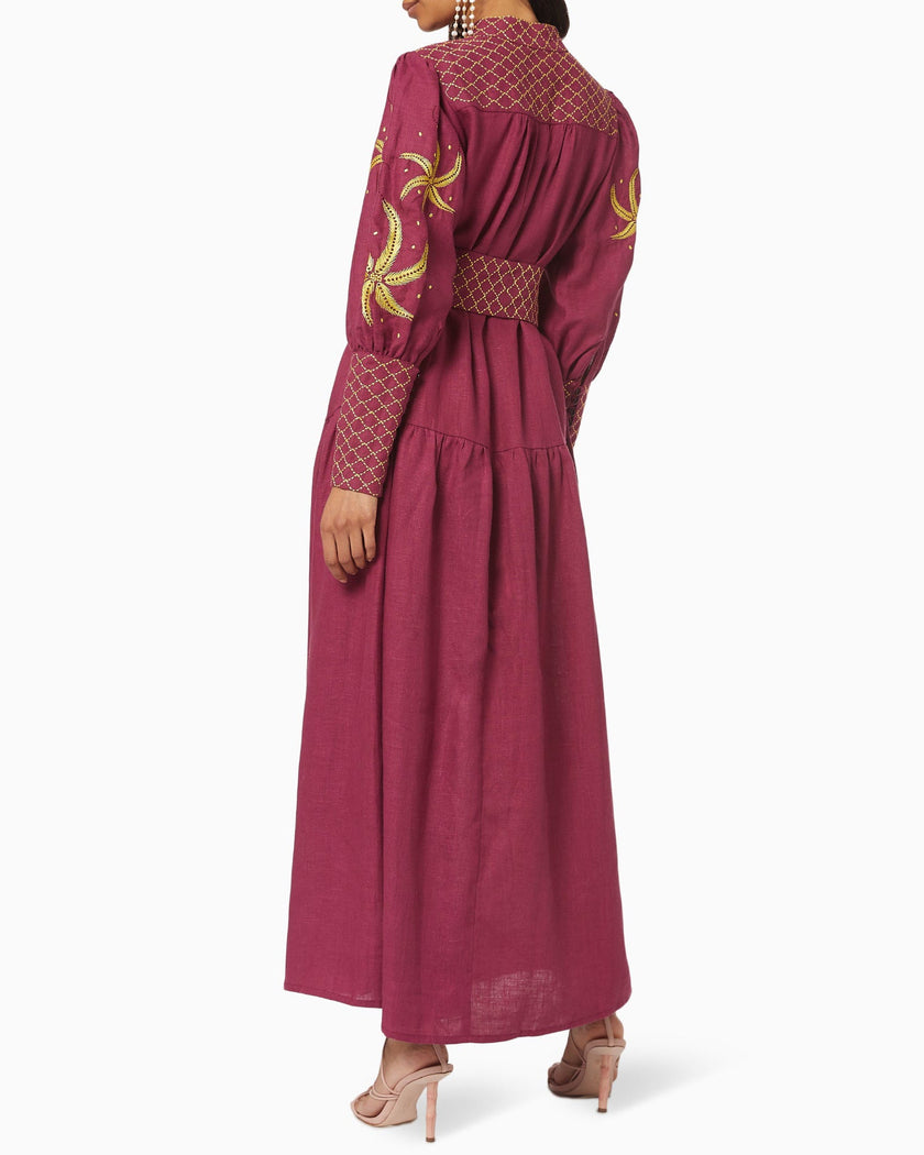 Bordeaux and Gold Embroidered Linen Maxi Dress with Stand Collar