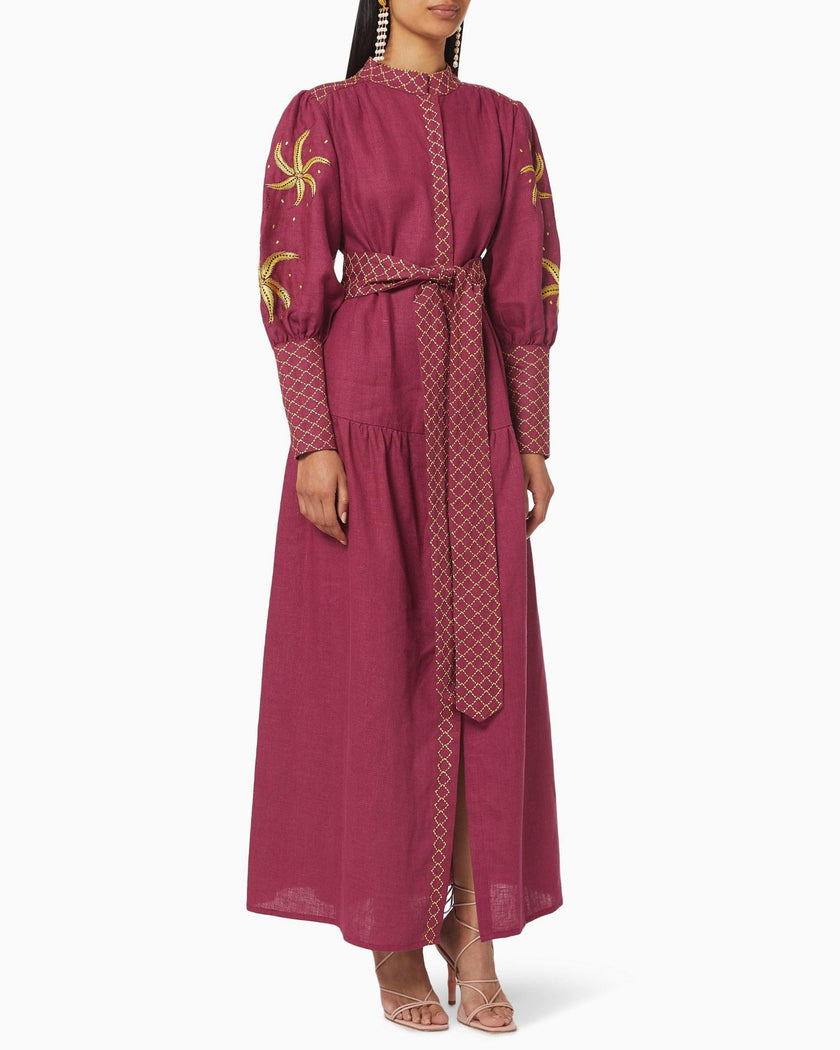 Bordeaux and Gold Embroidered Linen Maxi Dress with Stand Collar