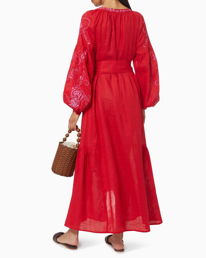 Scarlet Red Embroidered Linen Maxi Dress – Balloon Sleeves