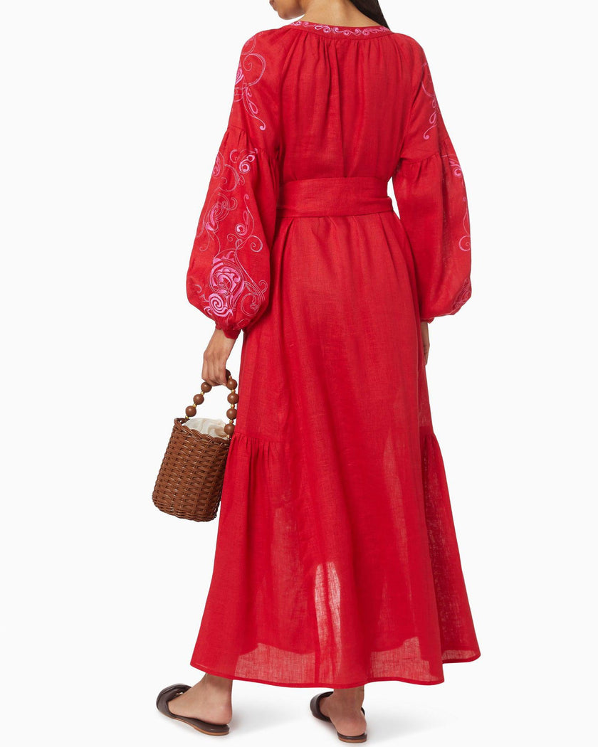 Scarlet Red and Pink Embroidered Linen Kaftan Maxi Dress with Balloon Sleeves