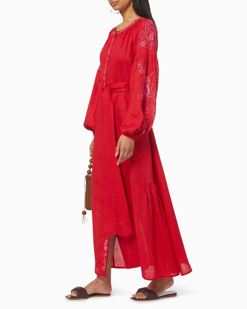 Scarlet Red Embroidered Linen Maxi Dress – Balloon Sleeves