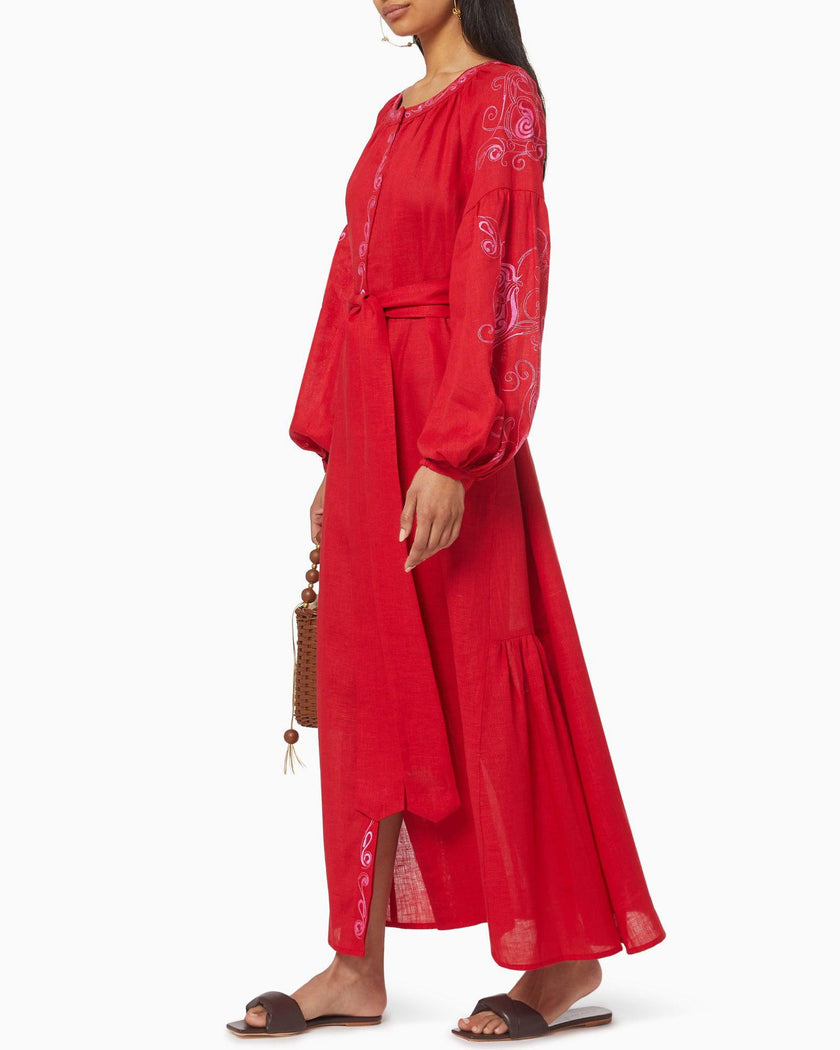 Scarlet Red and Pink Embroidered Linen Kaftan Maxi Dress with Balloon Sleeves