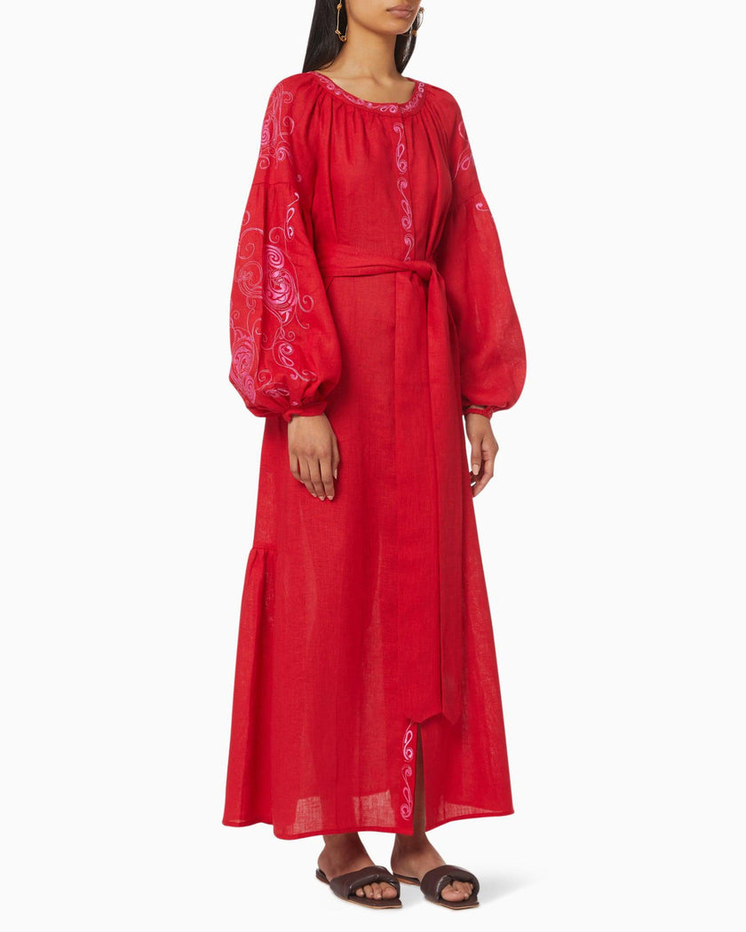 Scarlet Red Embroidered Linen Maxi Dress – Balloon Sleeves