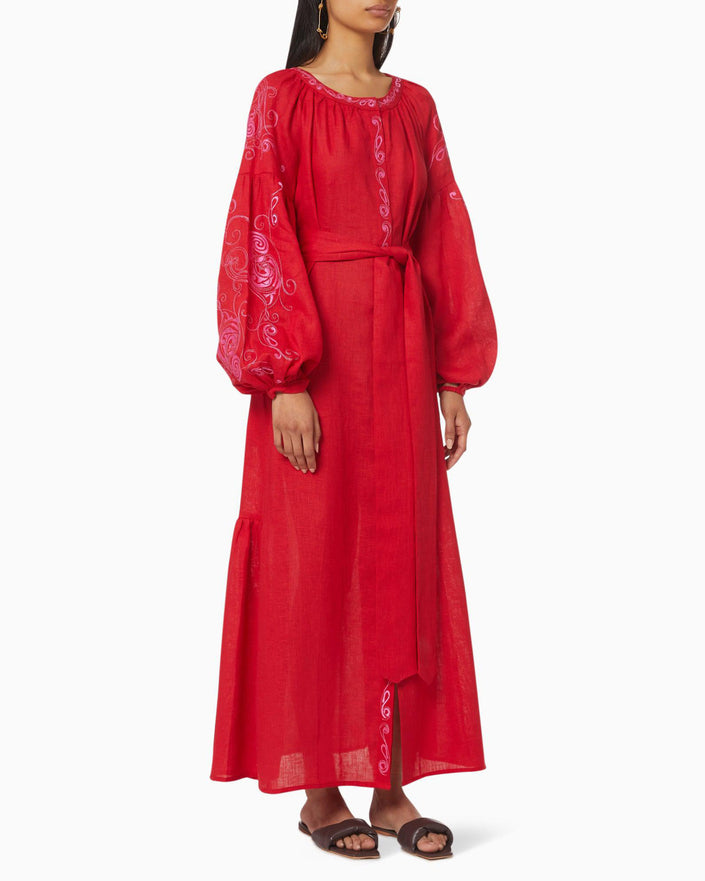 Scarlet Red Embroidered Linen Maxi Dress – Balloon Sleeves
