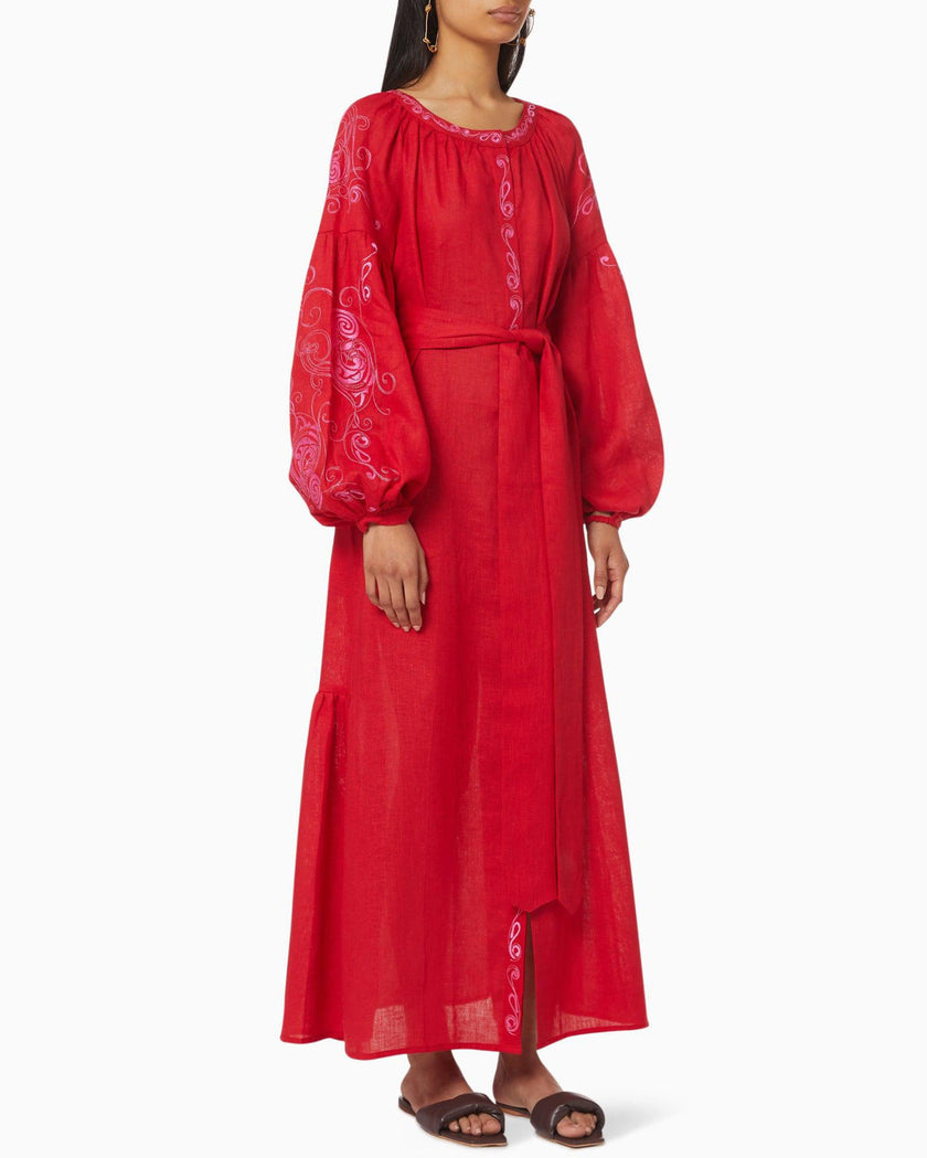 Scarlet Red and Pink Embroidered Linen Kaftan Maxi Dress with Balloon Sleeves