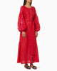 Scarlet Red Embroidered Linen Maxi Dress – Balloon Sleeves