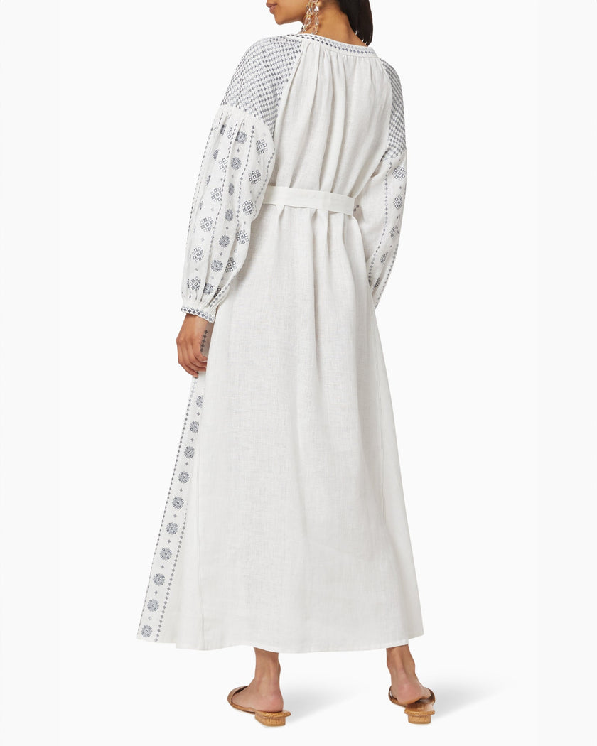 White Embroidered Linen Maxi Dress – Balloon Sleeves | ZALXNDRA