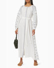 Robe longue blanche en lin brodé – Manches ballon | ZALXNDRA