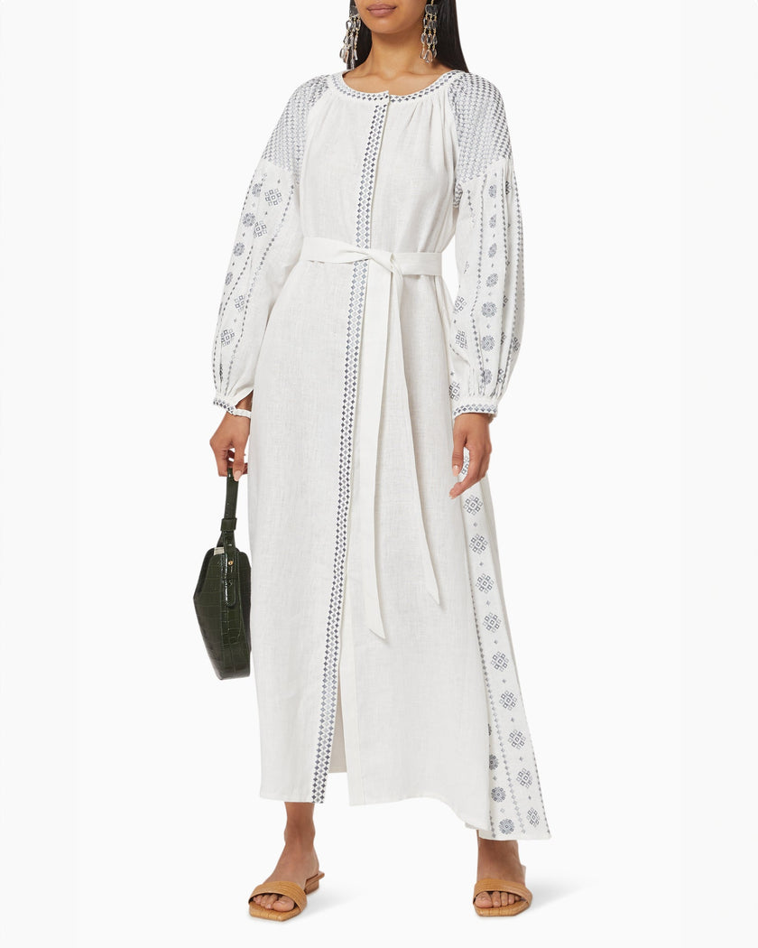 White Embroidered Linen Maxi Dress – Balloon Sleeves | ZALXNDRA