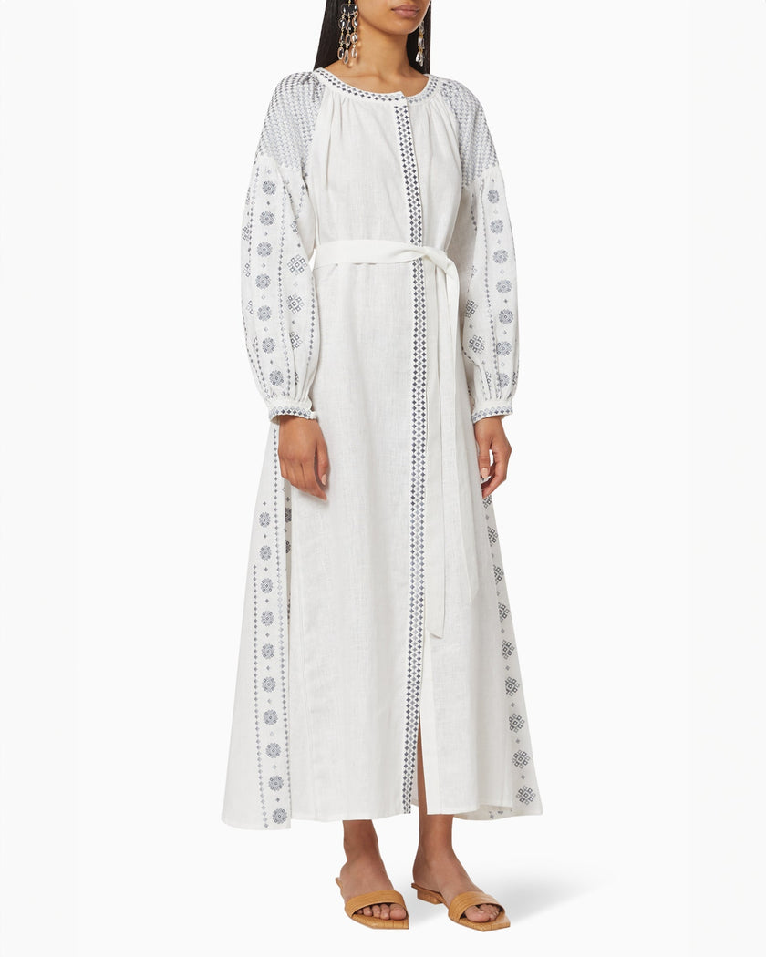 White Embroidered Linen Maxi Dress – Balloon Sleeves | ZALXNDRA